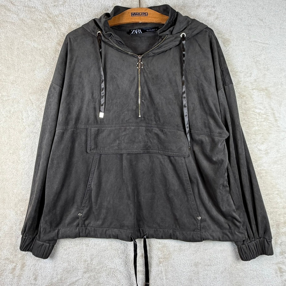 Zara Womens Charcoal Gray Faux Suede Quarter Zip Anorak Hoodie Large